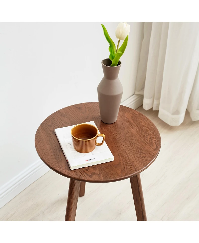 Casainc Solid Oak Wood Round End Table, Natural Finish