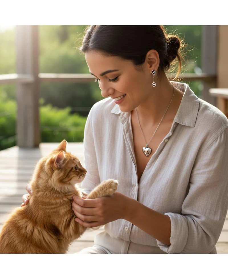 Bling Jewelry Set of 2 Bff Pet Animal Lover Black Enamel Paw Print Dangle & Heart Stud Earrings Sterling Silver