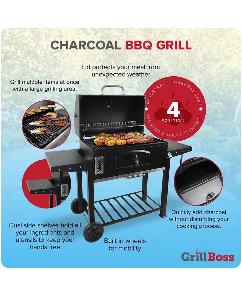 Grill Boss 32 Inch Charcoal Bbq Grill, Side Shelves, Built In Thermometer, Black