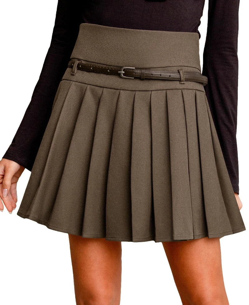 Cupshe Women's Preppy Brown Pleated With Belt Mini Skirt
