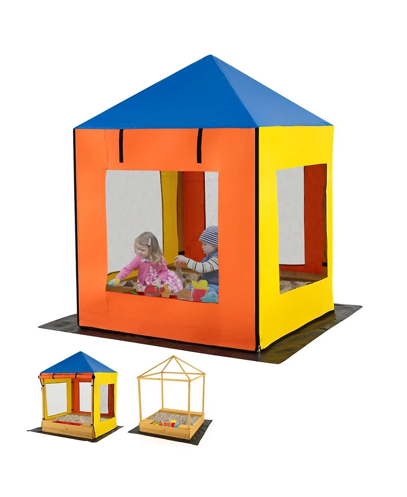 Large Wooden Sandbox with Canopy, Mesh Windows, and Bottom Liner