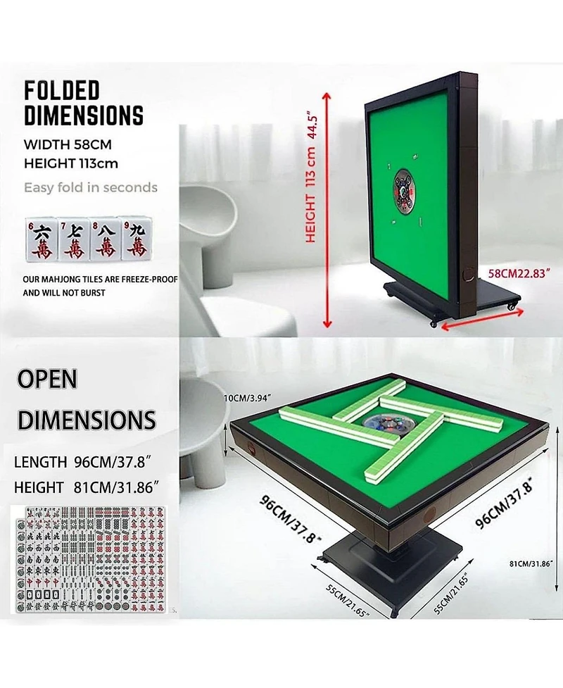 Rbied Black Folding Metal Automatic Mahjong Table, Electric Mahjong Table with Quiet Shuffle