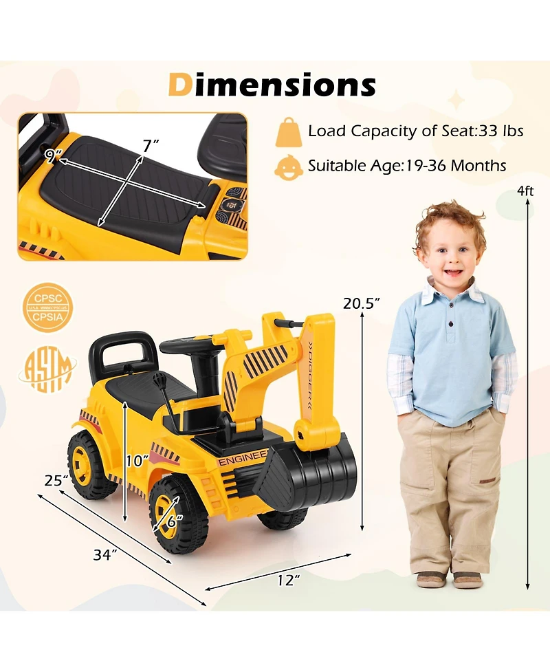 Hongge Kids Ride-On Excavator Toy with Adjustable Shovel and Realistic Controls - Yellow