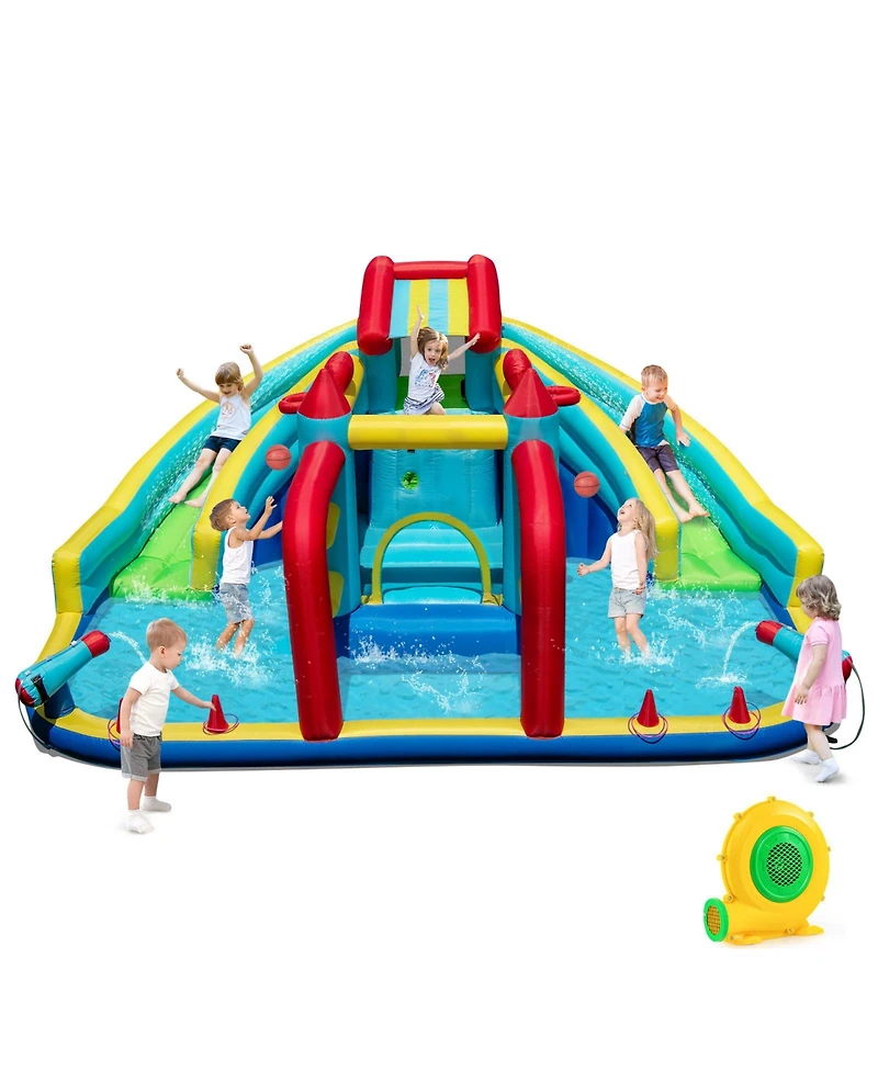 Hongge Inflatable Double Water Slide Park with Obstacle Course and 680W Air Blower