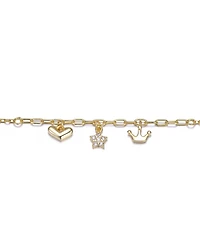 14K Gold Plated with Clear Cubic Zirconia Heart, Star, & Crown Charm Anklet