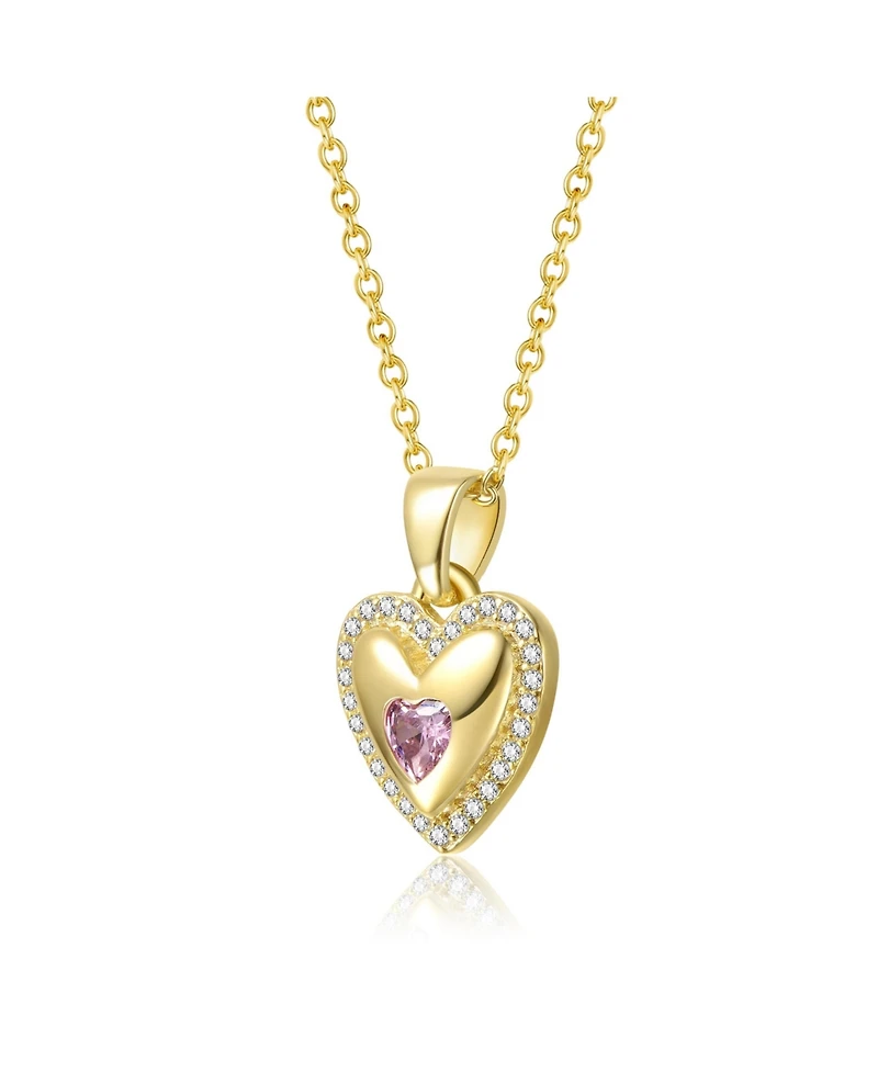 Genevive Sterling Silver 14K Gold Plating with Pink Cubic Zirconia Heart Pendant Necklace