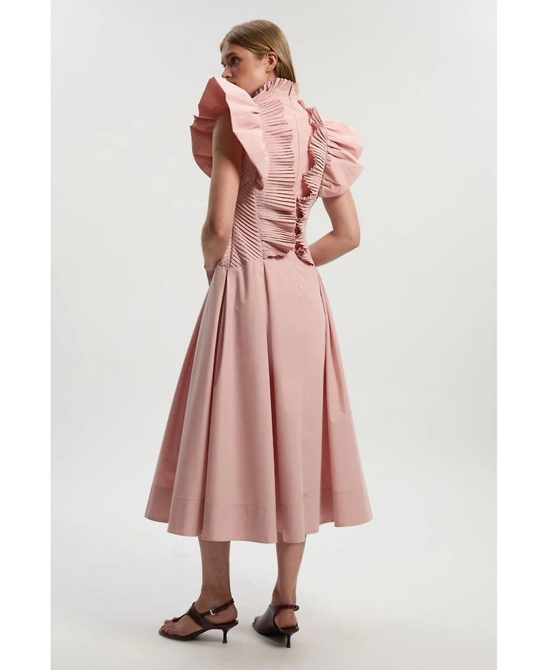 Karen Millen Women's Pleated Ruffle Sleeve Woven Midi Dress