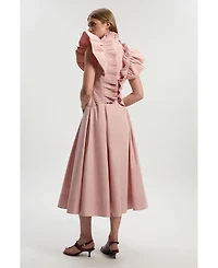 Karen Millen Women's Pleated Ruffle Sleeve Woven Midi Dress