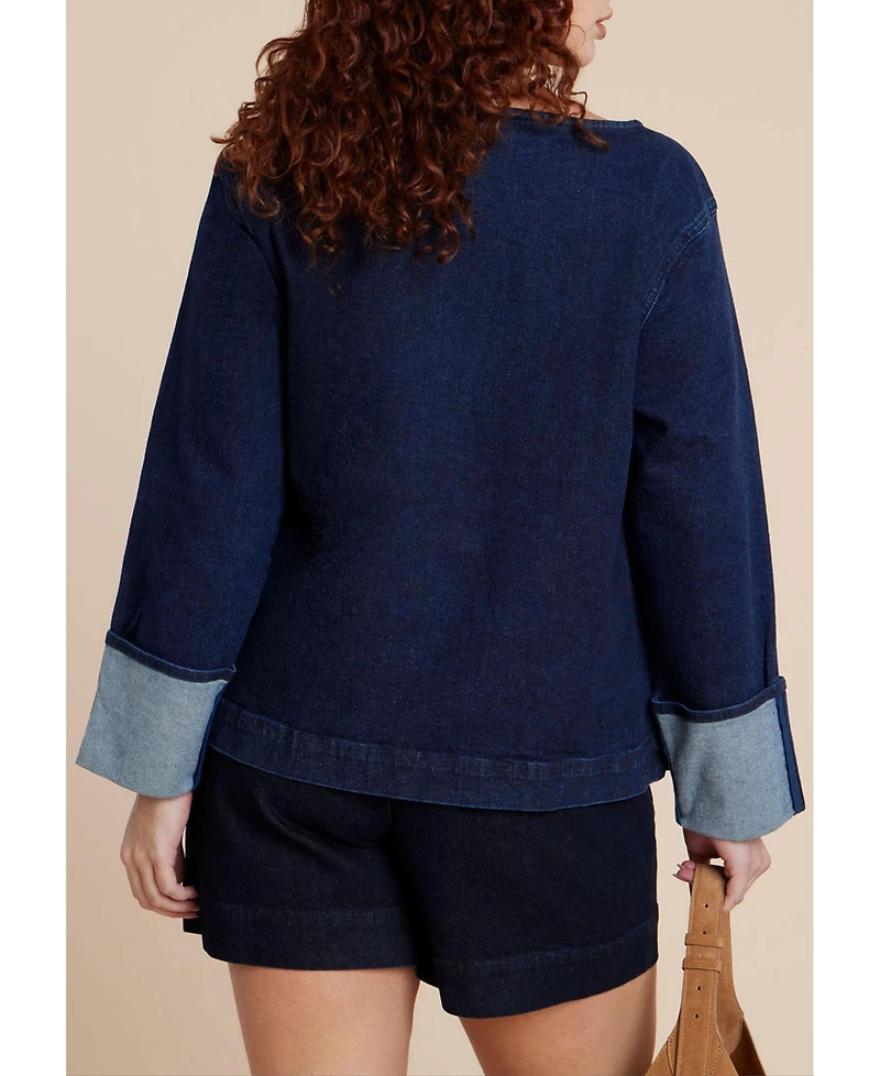 Eloquii Women's Plus Cuffed Sleeve Denim Top