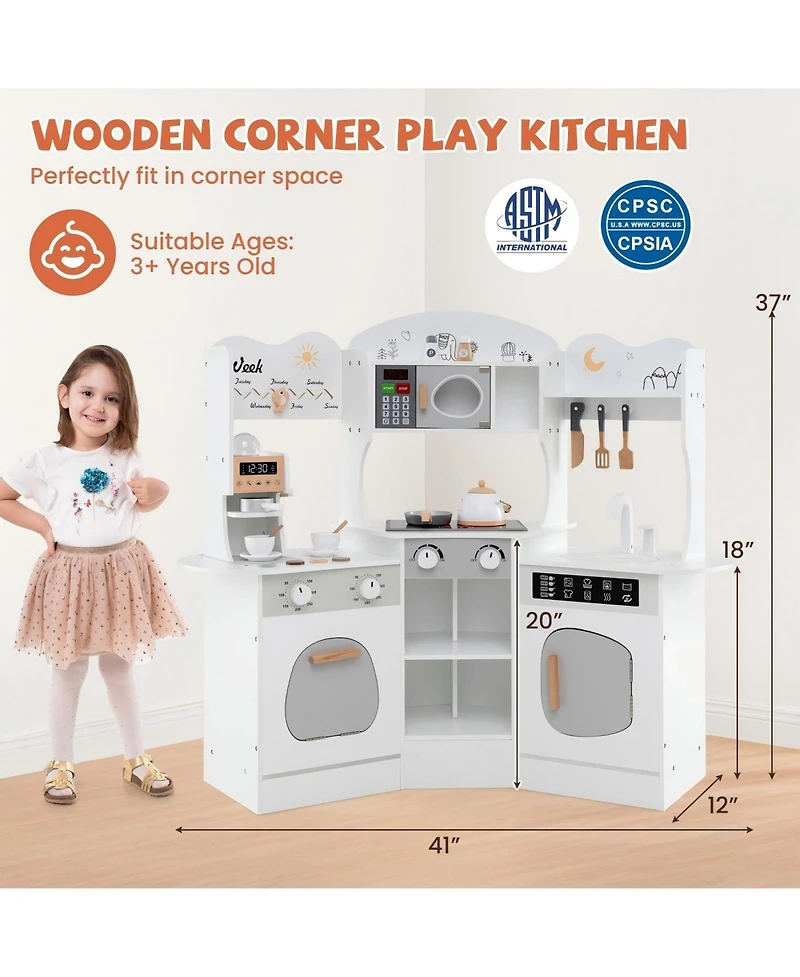 Hongge Corner Wooden Play Kitchen with Coffee Maker, Sink, and Slide for Kids - White