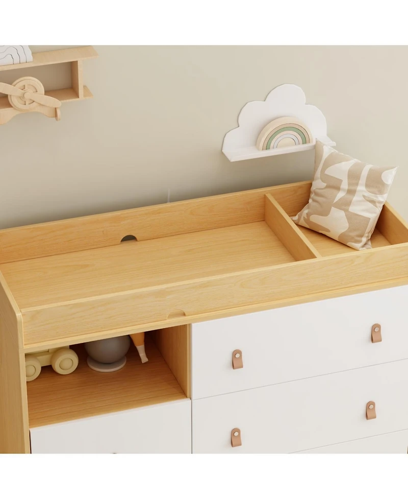 Diaper table with three drawers, baby changing station with multiple storage compartments, natural wood