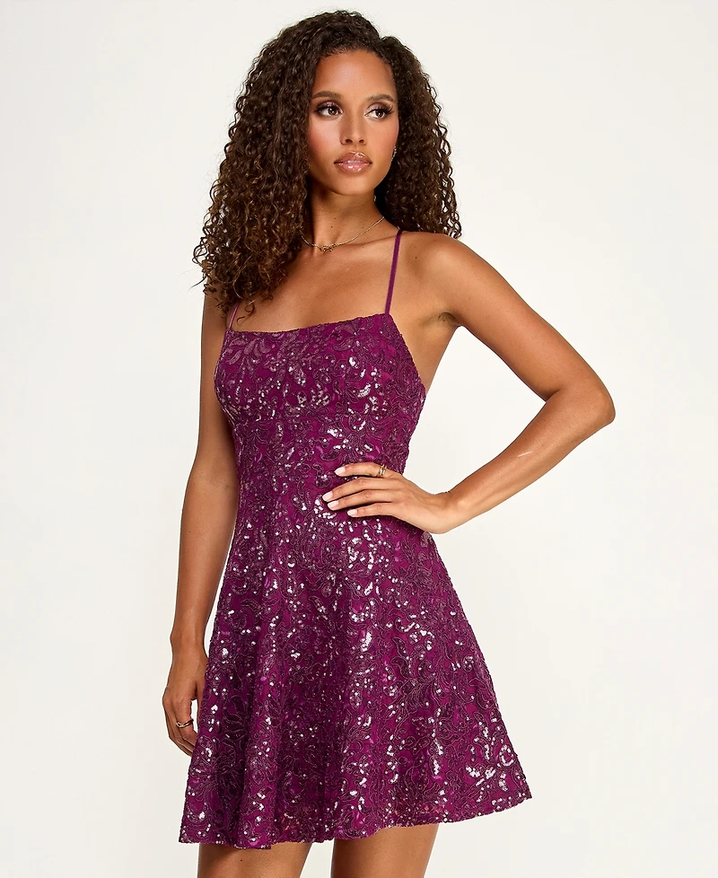 Emerald Sundae Juniors' Sequined Lace Fit & Flare Dress