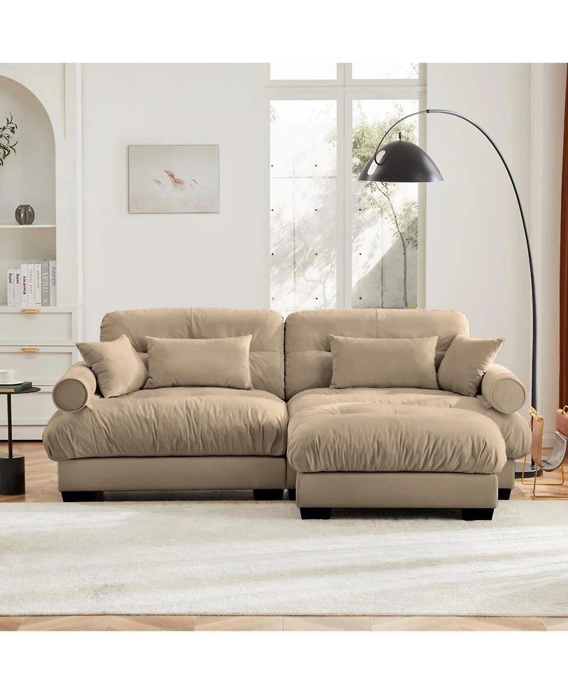 Streamdale Furniture Camel Oversized Modern Velvet Two-Seater Sofa with Ottoman and Pillows
