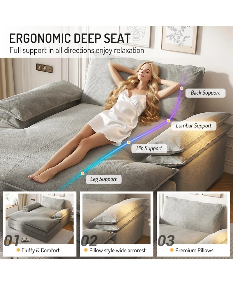 Streamdale Furniture Modern Oversized Double Chaise Lounge Chair with Pillows & Wide Armrests