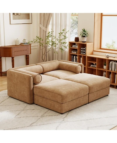 Streamdale Furniture Streamdale Stylish Camel Chenille 2-Seater Sofa with 2 Ottoman Storage Seats