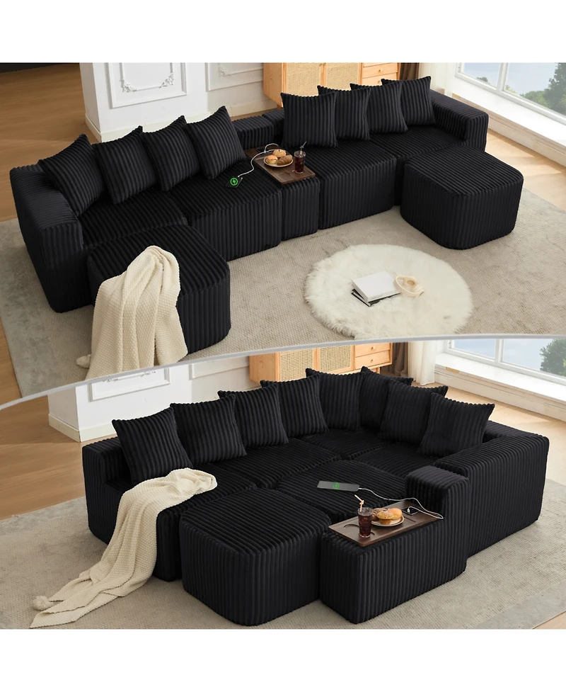 Streamdale Furniture 137.5" U-Shaped Sofa, Usb/Wireless Charge, Cup Holder Table, Movable, 6 Seats, Black