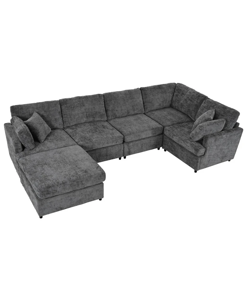 Streamdale Furniture U-Shaped Sectional Sofa with Movable Ottoman, 6-Piece Chenille Set