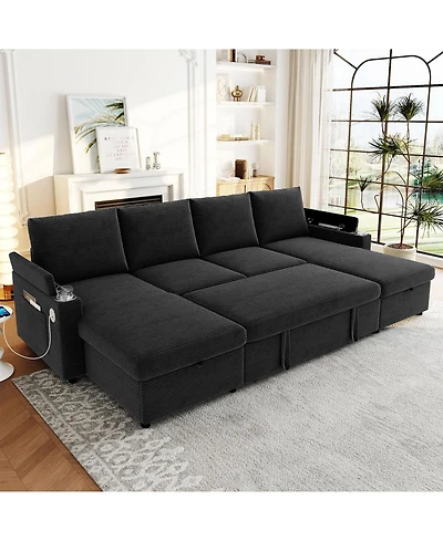 Streamdale Furniture Convertible U-Shaped Sectional Sofa with Storage, Cup Holders & Usb Ports, Black
