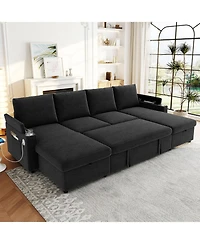 Streamdale Furniture Convertible U-Shaped Sectional Sofa with Storage, Cup Holders & Usb Ports, Black