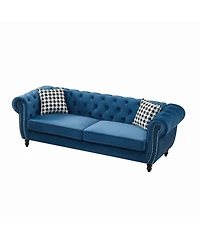 Streamdale Furniture Streamdale Blue Chesterfield Velvet Sofa with Roll Armrest & Nailhead