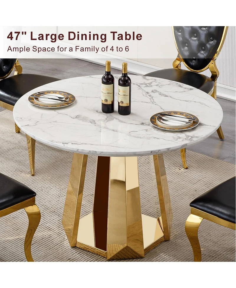 Streamdale Furniture47" Round Marble Dining Table with Stainless Steel Base (Gold, White)