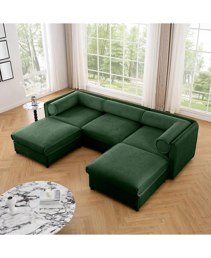 Streamdale Furniture Elegant Green Chenille U-Shaped Sofa with Storage Seat and Ottoman