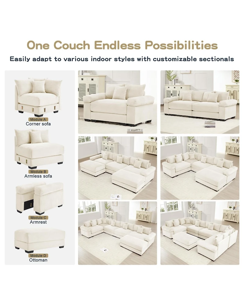 Streamdale Furniture 92" Oversized Cloud Modular Sectional Couch, Cream Corduroy Fabric