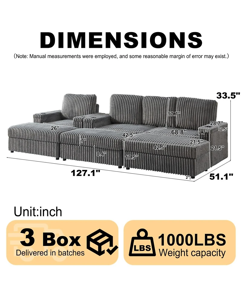 Streamdale Corduroy 3-Seater Sofa with Cup Holders for Living Room