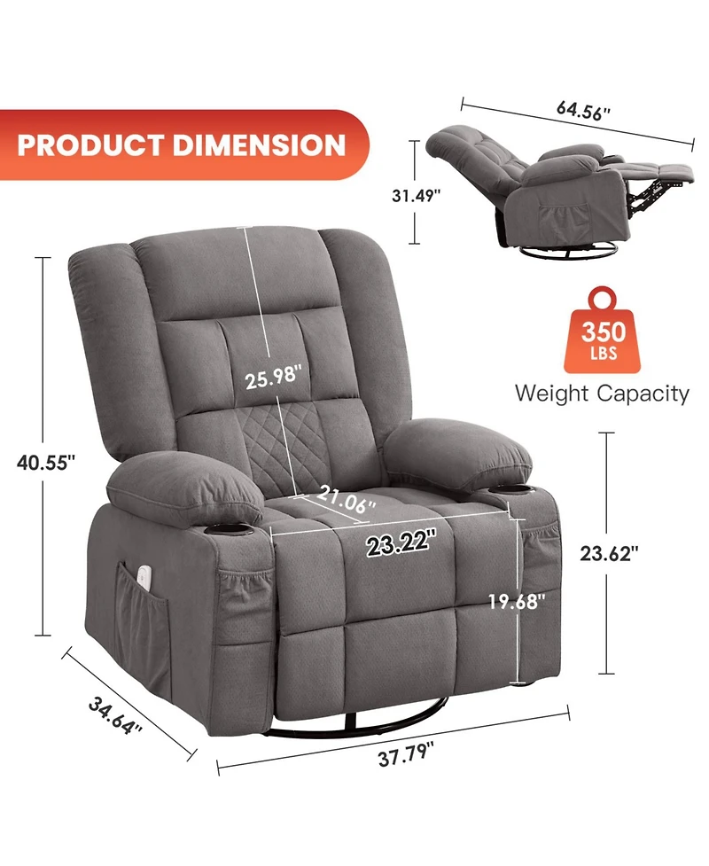 Streamdale Kneading Massage Rocker Recliner Chair with Heat, Usb Port, 2 Cup Holders