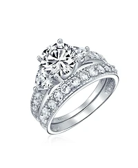 Bling Jewelry 3CT Round Solitaire Heart Shape Cz Cubic Zirconia Promise Ring Set Pave Band Sterling Silver