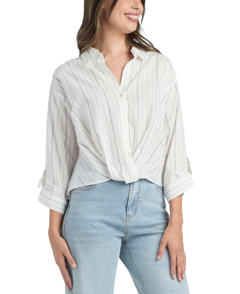 Bcx Women's Variegated Stripe Button-Up Top