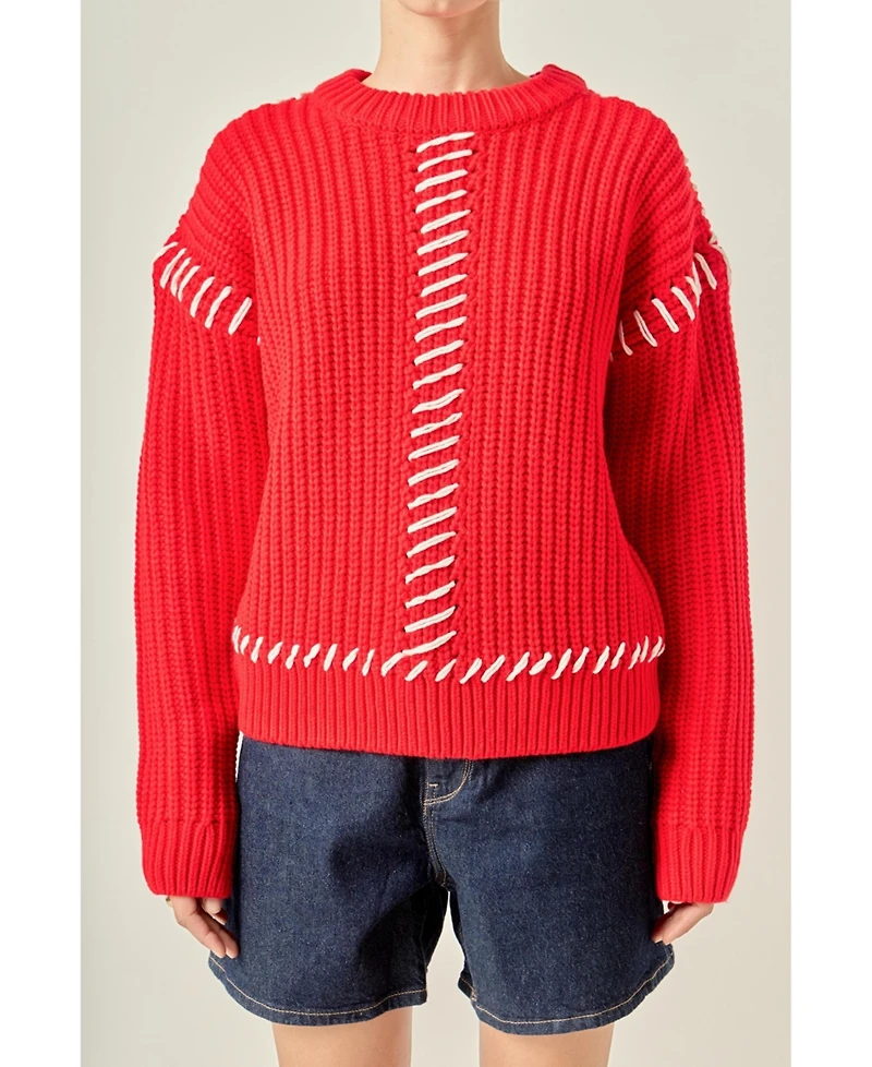 English Factory Women's Stitch Detailed Chunky Crew Neck Knit