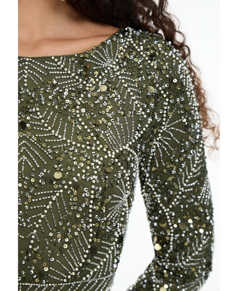 Maryisa Women's Modest Embellished Sequin Beaded Dress Maxi With Trail