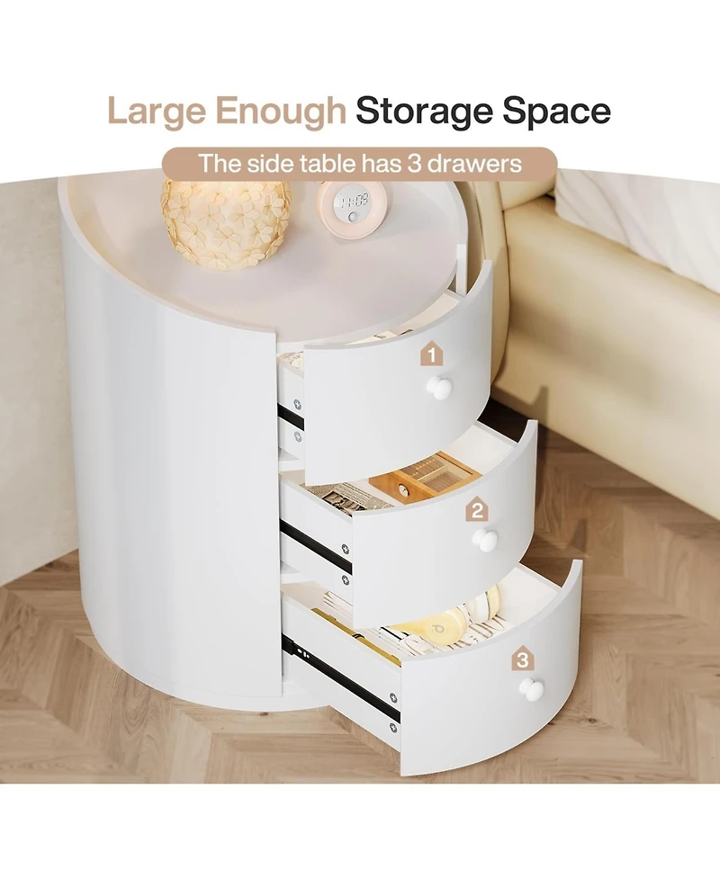 Tribesigns White Round Nightstand, Wood Bed Side Table with 3 Drawers, Fully Assembled