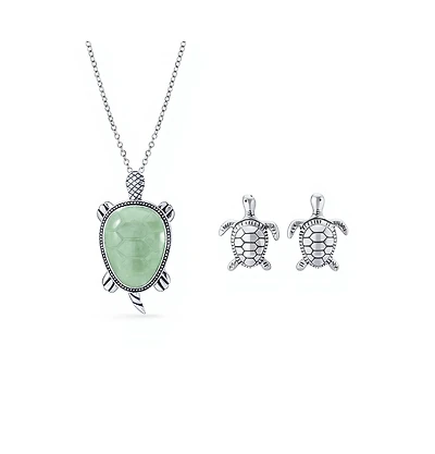 Bling Jewelry Tropical Beach-Inspired Sea Turtle Green Jade Pendant Necklace & Stud Earrings Jewelry Set Oxidized Sterling Silver