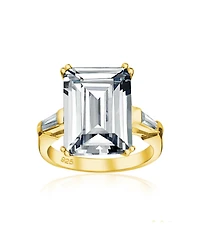 Bling Jewelry Art Deco 10CT Solitaire Emerald-Cut Cz Cubic Zirconia Promise Ring Baguette Accents Gold Plated Silver