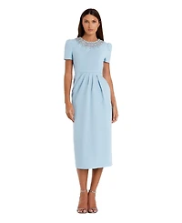 Mac Duggal Women's Short Sleeve Rhinestone Neckline Sheath Dress