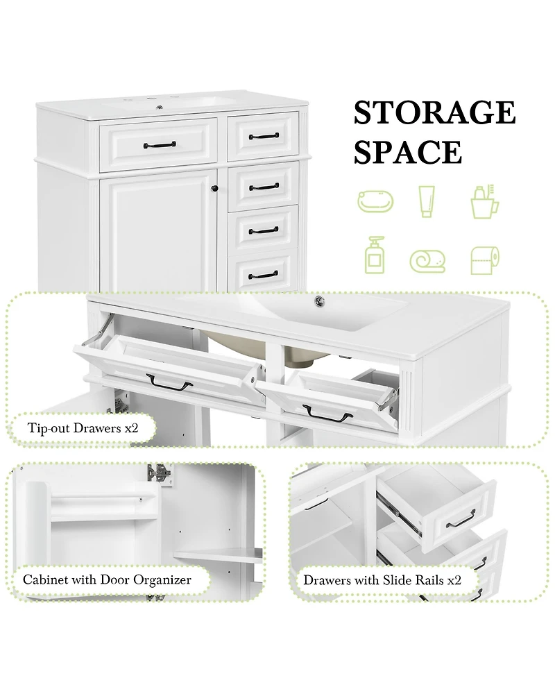 Casainc Bathroom Vanity with Ceramic Sink Solid Wood Frame and Flip Drawer