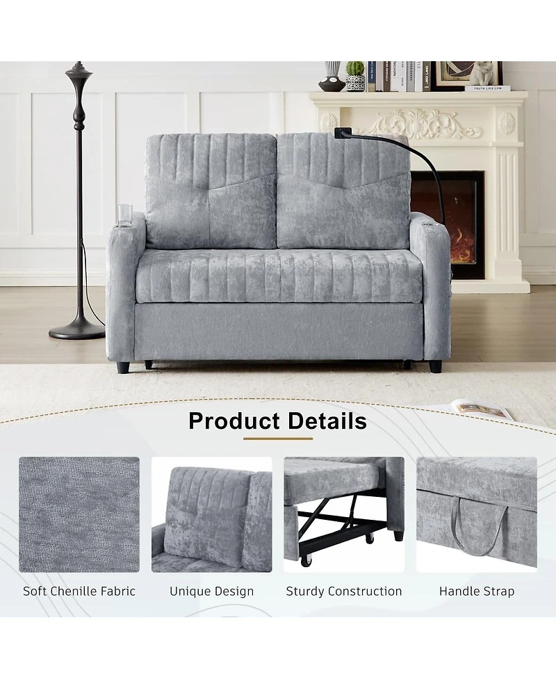 Maison Boucle 53.9" Chenille Pull-Out Sleeper Sofa with Adjustable Backrest, Usb Ports, Cup Holders & Side Storage
