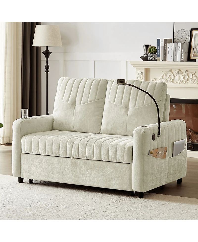 Maison Boucle 53.9" Chenille Pull-Out Sleeper Sofa with Adjustable Backrest, Usb Ports, Cup Holders & Side Storage