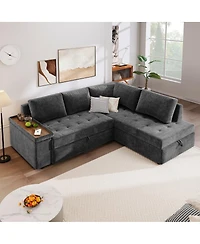 Maison Boucle 91.5" L-Shaped Sleeper Sofa with Pull-Out Bed, Chaise Storage, Tray Armrest & Side Pockets for Apartment or Living Room