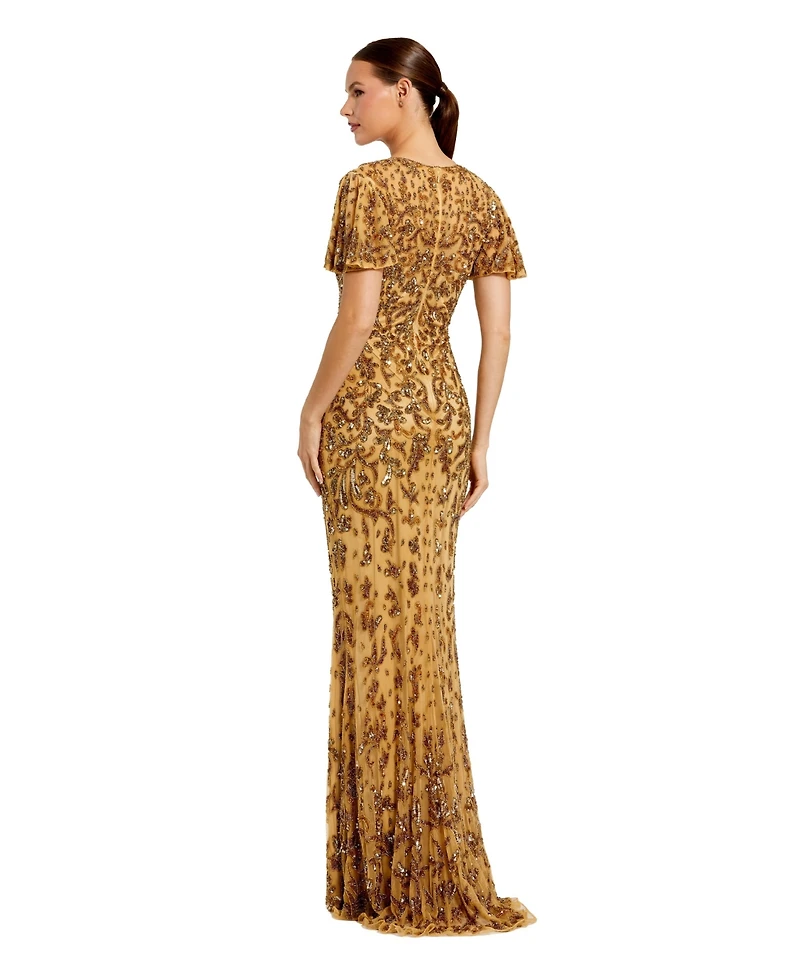 Mac Duggal Women's Embellished High Neck Flutter Sleeve Gown