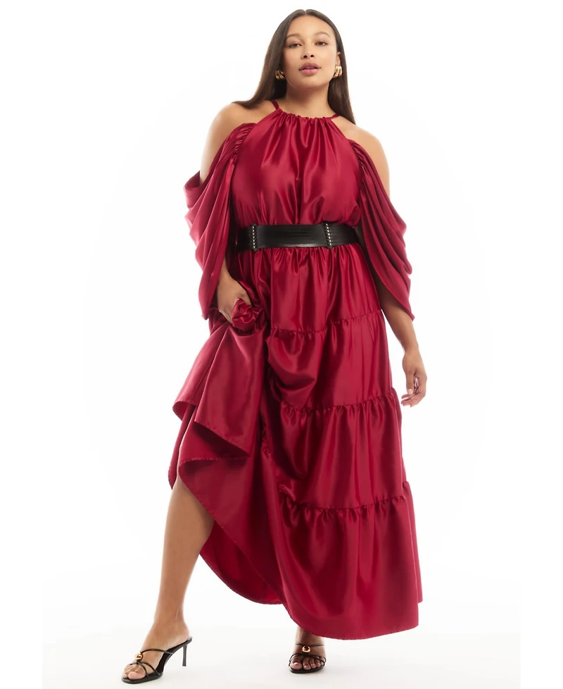 June & Vie Women's + Off-The-Shoulder Halter Maxi Dress