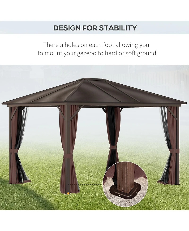Outsunny 10' x12' Hardtop Gazebo with Aluminum Frame, Permanent Metal Roof Gazebo Canopy with 2 Hooks, Curtains and Netting for Garden, Patio, Backyar