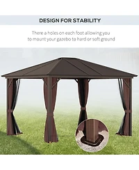 Outsunny 10' x12' Hardtop Gazebo with Aluminum Frame, Permanent Metal Roof Gazebo Canopy with 2 Hooks, Curtains and Netting for Garden, Patio, Backyar