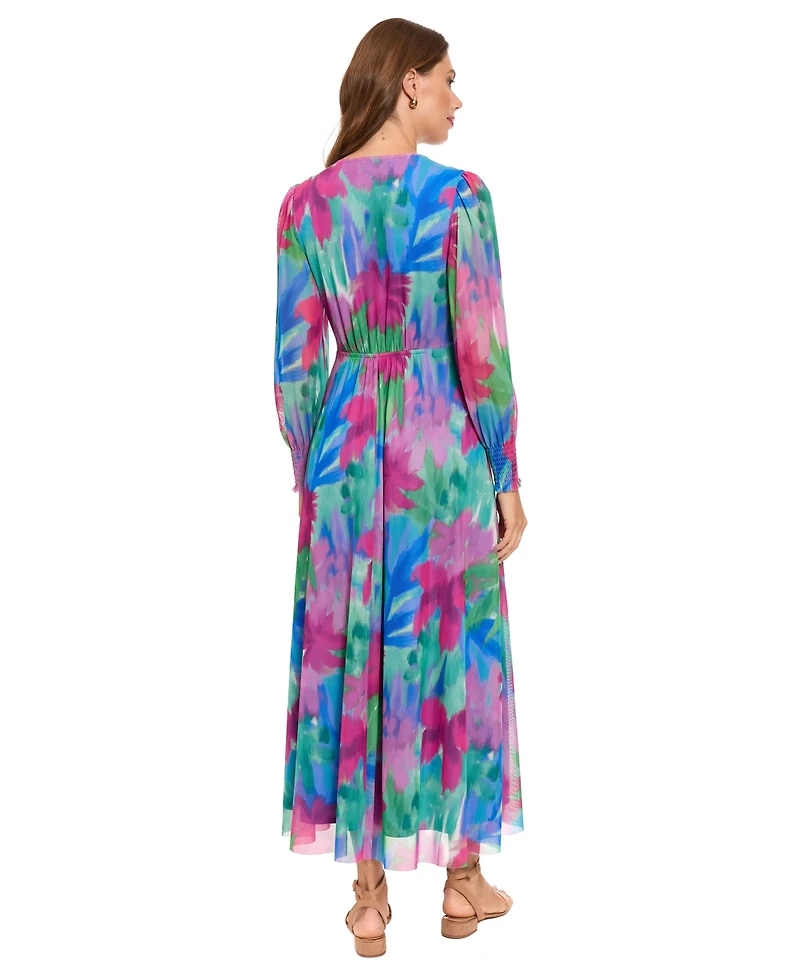 London Times Women's Shirred Surplice Bishop-Sleeve Maxi Dress