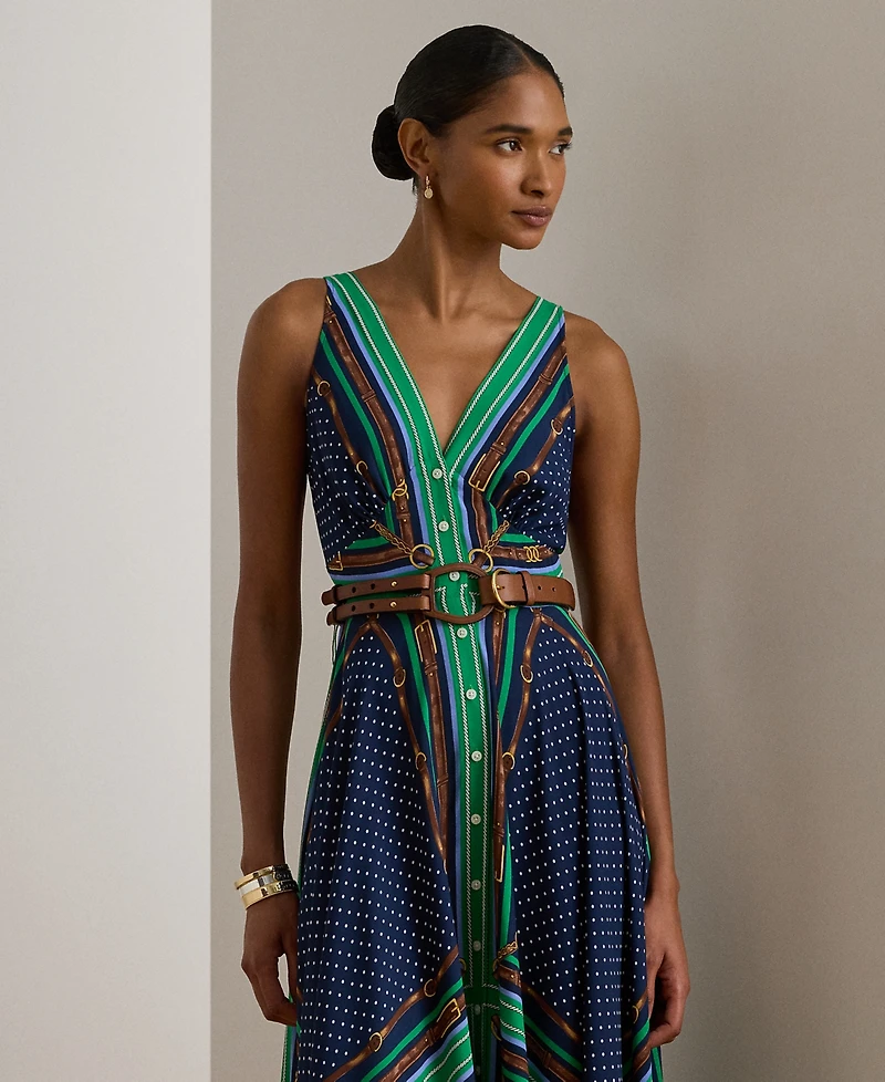 Lauren Ralph Petite V-Neck Polka Dot Print Sleeveless Dress