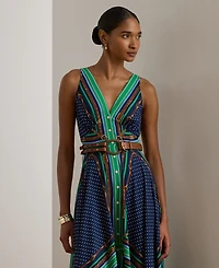 Lauren Ralph Petite V-Neck Polka Dot Print Sleeveless Dress