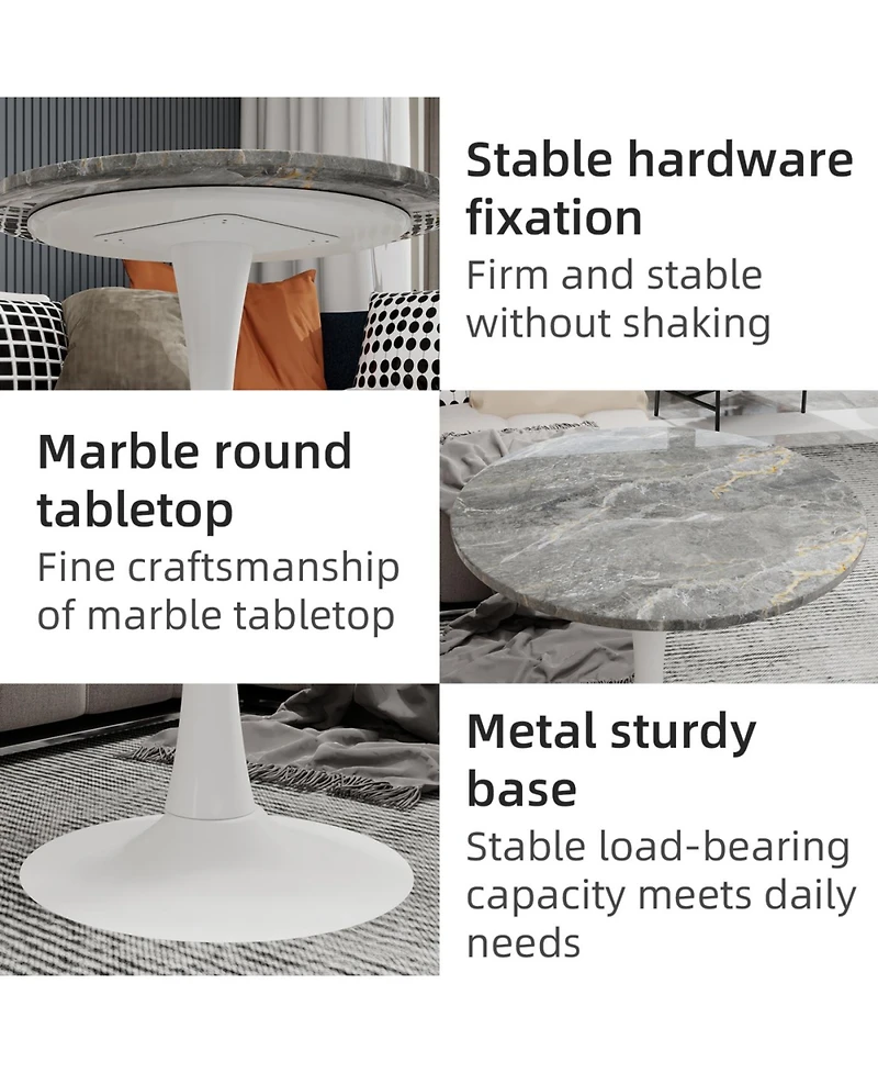 Streamdale Furniture 27.6" White Mid-Century Modern Dining Table with Round Marble Top