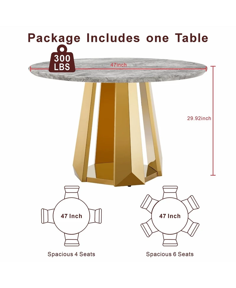 Streamdale Furniture 47" Round Marble Dining Table with Stainless Steel Base (Gold/Gray)